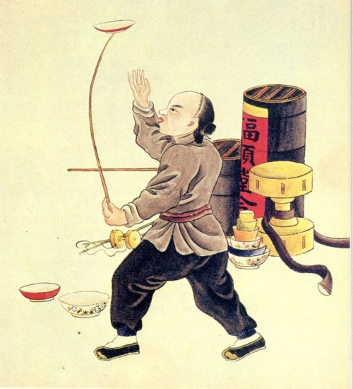 Jongleur Chinois (Assiette, Diabolo...), XVIIIème siècle.
sources: Chinese Acrobatics Through The Ages, p10